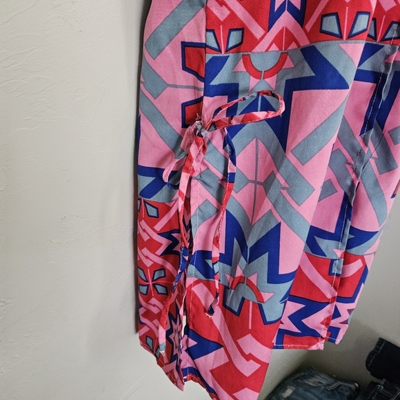 Vero Moda Women's Small Kimono Pink Red Blue Geometric Pattern Print Tassel Top - Picture 5 of 9